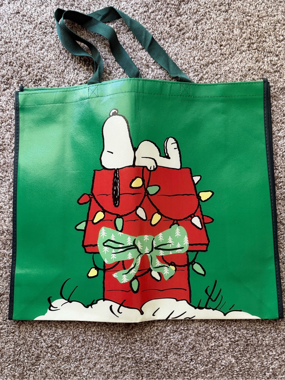 Green Snoopy Holiday Tote Bag with Red Doghouse Graphic, double sided 17x19.5